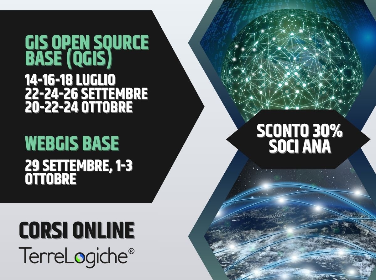 “GIS (QGIS) Base” e “WebGIS”: i corsi di TerreLogiche per gestire e condividere dati geografici con strumenti open source. Sconto del 30% per tesserati ANA